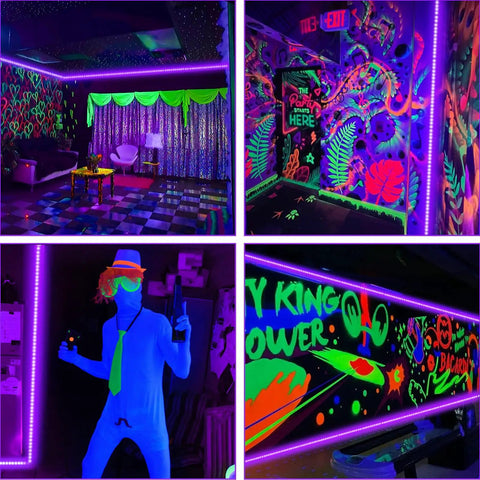 Neon painted room lit by 33 Foot Black Light LED Strip With Remote For Lit Glow Party Vibes And Bedroom Decor 600 LEDs