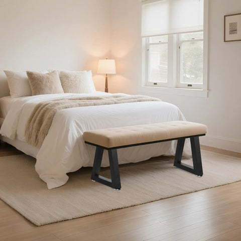 Heavy Duty Trapezoid Metal Table Legs For Bench And Coffee Project Builds Hella Sturdy 16 Inch Height Set Of Two with a light fabric bench in a bedroom setting.