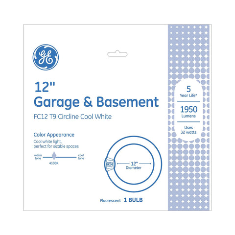 Image of Circline Garage And Basement Light Bulb packaging, showing 12-inch diameter, 32W, 1950 lumens details.