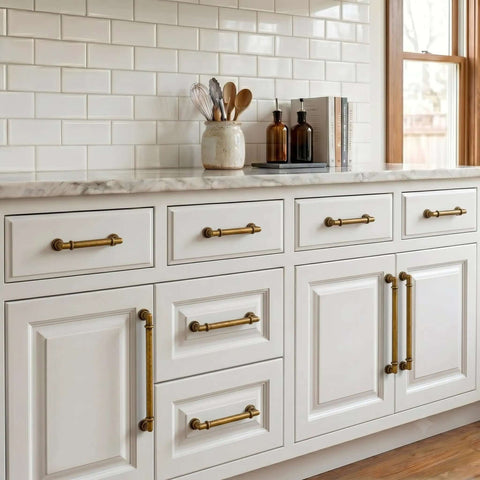 Kitchen with white cabinets featuring 10 Pack Antique Brass Cabinet Pulls, 3 Inch Zinc Alloy Drawer Handles For Kitchen Cupboards