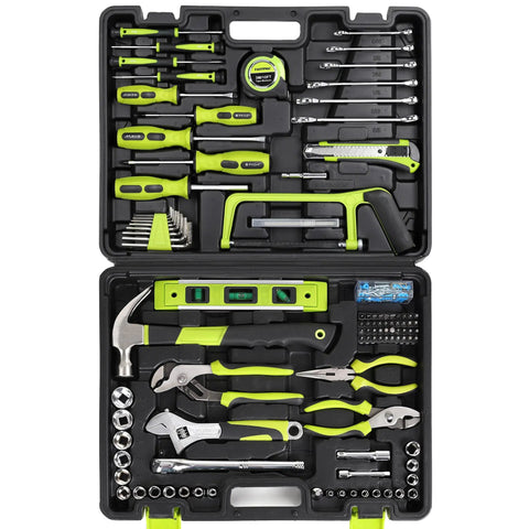 198 Piece Household Tool Set With Toolbox For DIY Home Repairs And Maintenance, SAE Hand Tools Kit With Durable Forged Steel Pliers, Screwdrivers And Wrenches For Quick Fixes, Green