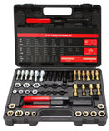 49 Piece Thread Chaser Set With Taps Dies And Thread Files For Re Threading UNC UNF And Metric Threads Pro Grade SAE Thread Repair Kit Includes Carry Case For Automotive Home Mechanic And Industrial Use displayed in open black plastic case