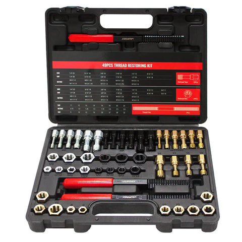 49 Piece Thread Chaser Set With Taps Dies And Thread Files For Re Threading UNC UNF And Metric Threads Pro Grade SAE Thread Repair Kit Includes Carry Case For Automotive Home Mechanic And Industrial Use displayed in open black plastic case