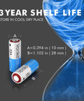 Heavy Duty Alkaline 23A 12V Batteries Six Pack dimensions with A and B measurements, showcasing battery size for smart devices.