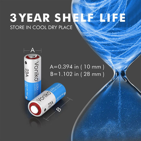 Heavy Duty Alkaline 23A 12V Batteries Six Pack dimensions with A and B measurements, showcasing battery size for smart devices.