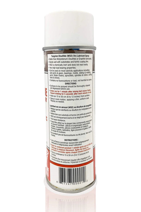 Back view of Tungsten Disulfide Dry Lubricant Aerosol Spray 13 Oz Pack Of 4 Pro Grade, showing label and details.