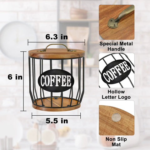Large Capacity Coffee Filter Holder With Lid, Pod Organizer; wood and metal, 6.3-inch dia, 6-inch high, special handle and hollow logo.