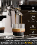 Straight Up Premium Espresso Machine With Built In Grinder And 20 Bar Pump extracting rich crema into a glass cup.