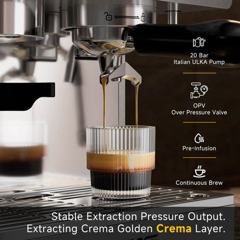 Straight Up Premium Espresso Machine With Built In Grinder And 20 Bar Pump extracting rich crema into a glass cup.