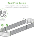 Diagram showing tool-free assembly of Oval Outdoor Metal Raised Garden Bed With 12 Inch Deep Planter For Veggies Herbs Flowers And Succulents, 8x2x1 Ft, 108 Gallon Capacity, Sage Green, Open Drainage Base with included hardware.