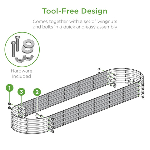 Diagram showing tool-free assembly of Oval Outdoor Metal Raised Garden Bed With 12 Inch Deep Planter For Veggies Herbs Flowers And Succulents, 8x2x1 Ft, 108 Gallon Capacity, Sage Green, Open Drainage Base with included hardware.