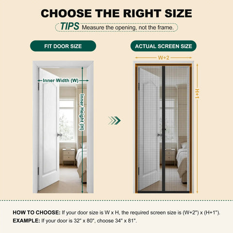Diagram showing fit door size and actual screen size for Beefed Up Magnetic Screen Door For 32 By 80 Inch Opening 34 By 81 Inch Mesh