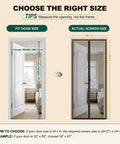 Diagram showing fit and actual screen size of Magnetic Screen Door Mesh With Super Strong Magnets No Sweat Install Fits 36 By 80 Inch Doors, Mesh Size 38 By 81 Inch, Heavy Duty Screen For Sliding French Single And Patio Doors Keeps Bugs Out Lets Fresh Air In with measurement tips.