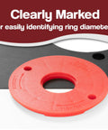 Five Pack Locking Reducer Rings For Router Plate Upgrade Professional Grade red composite reducer ring with marked diameters for easy identification.