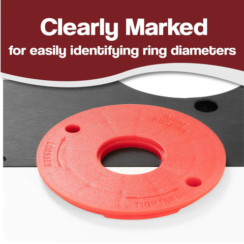 Five Pack Locking Reducer Rings For Router Plate Upgrade Professional Grade red composite reducer ring with marked diameters for easy identification.