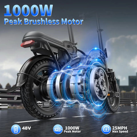Rear view of Folding Electric Bike With 1000W Peak Motor 25 MPH Top Speed 14 Inch E Bike showcasing motor and wheel detail