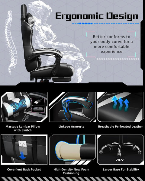 Side view of ergonomic gaming chair with massage lumbar support and footrest, featuring height adjustable swivel seat, black and white.