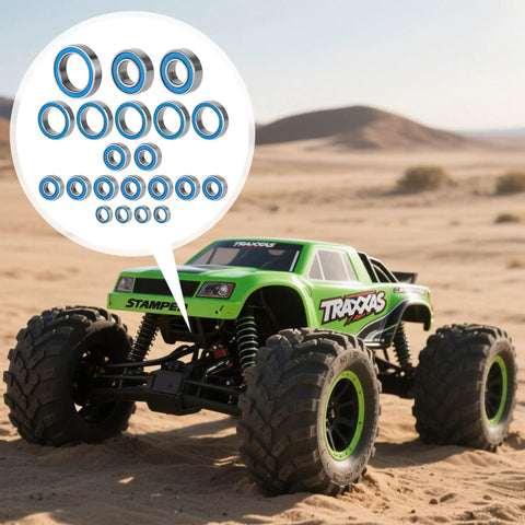 21 Pcs Beefy Heavy Duty Silver Blue RC Bearing Kit Rustproof Steel Sealed Ball Bearings For Traxxas Slash Stampede 4x4 4WD VXL RC Crawler High Speed Quiet Hardware Set next to RC truck in desert
