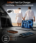 Two Pack 70W USB C Car Charger With 3 Ports PD QC Fast Charge for iPhone and Android in car with charging devices shown