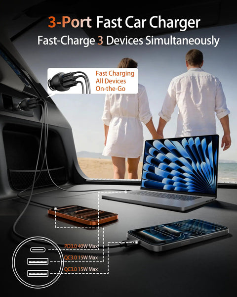Two Pack 70W USB C Car Charger With 3 Ports PD QC Fast Charge for iPhone and Android in car with charging devices shown