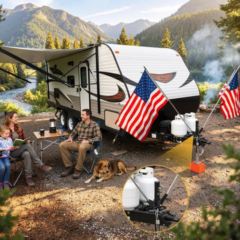 Heavy Duty RV Flag Pole Mount For Travel Trailer Tongue Jack Clamps On Without Drilling Dual Pole Holder For Two To Two And A Quarter Inch Tongue Brackets And One Inch Flag Poles Easy Install Secure Fit For Campers beside RV at campsite with mountains in background