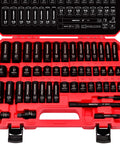 Three Eighths Inch Drive Impact Socket Set 49 Piece Built Tough Includes SAE From Five Sixteenths To Three Quarters Inch And Metric 8 To 22 Millimeters With Extension Bars And Universal Joint Deep And Shallow Sockets CR V Construction For Heavy Duty in a red carrying case