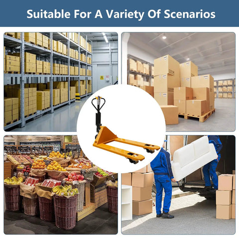 Heavy Duty Electric Pallet Truck With 4400 Lb Capacity For Tough Warehouse Work in various settings including warehouse and supermarket.