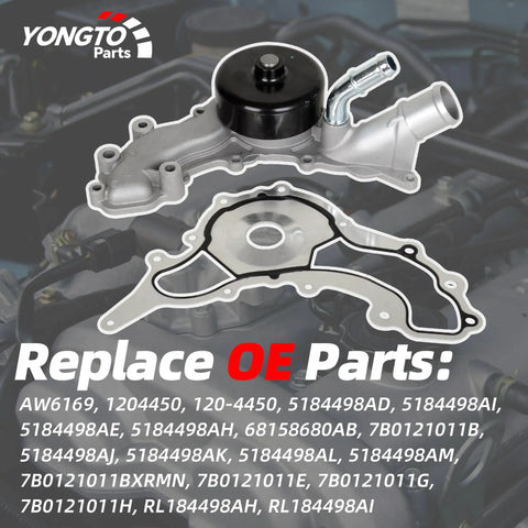 Water Pump With Gasket For Dodge Ram 1500 Charger Durango Challenger Chrysler 200 Town And Country Jeep Grand Cherokee 3 6L V6 Replacement OE 1204450 5184498AD displayed on a background engine