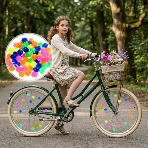 Girl riding a bike with 216 Piece Multicolor Bike Wheel Spokes Beads Clip On Decorations for Spokes and Rims visible on wheels