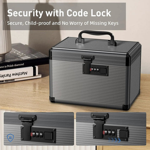 Code Lock Medicine Box With Removable Tray For Home Use Portable First Aid Box For Pills Or Meds Tough Aluminum Alloy Safe Box 10 By 6.9 By 6.9 Inches Black on a table showcasing its lock mechanism.