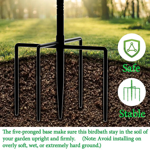 Close-up of the five-prong base of a Deep Metal Bird Bath With 40 Inch Tall Stake Removable 13 Inch Diameter Bowl Antique Bronze Outdoor Garden Decor Heavy Duty Five Prong Base For Stable Upright Stand In Yard Vibe Ready For Your Patio And Lawn, showing stability in soil.