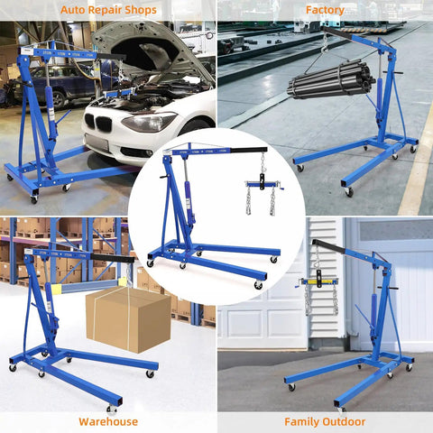 Heavy Duty Hydraulic Engine Hoist Cherry Picker 4400 Lbs Capacity Rock Solid Blue Shop Crane in various working environments.