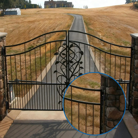 Close-up of installed gate with Beefy 7 Inch Barrel Gate Hinges Weld On Set Heavy Duty For Swing Gates And Trailer Ramps Matte Black 6 Pack