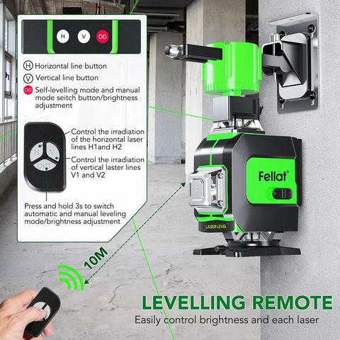 4x360 Degree Green Cross Line Laser Level With Self Leveling Ideal For Construction And Picture Hanging Rechargeable Battery Remote Control Magnetic Rotating Stand Pro Grade Bright Beam For Indoor Outdoor Use DIY Ready mounted on wall with remote