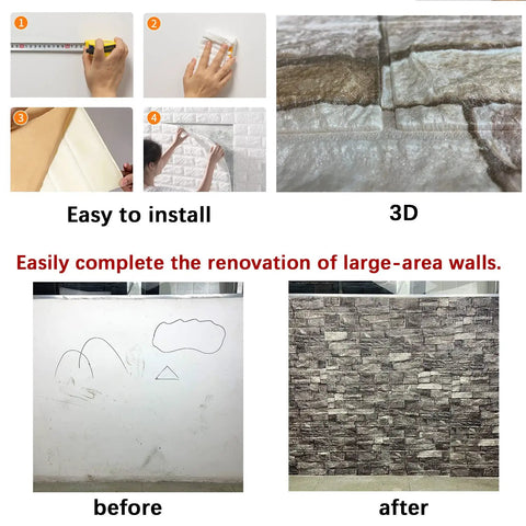 Peel And Stick 3D Foam Wall Panels Set Of 10 Faux Brick And Stone Wallpaper Tiles Self Adhesive Waterproof Wall Covering For Easy DIY Home Makeover In Rock Color showing installation and before-after transformation of a wall.