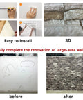 Installation steps and before-and-after of 20 Pack 3D Wall Panels Peel And Stick Foam Brick Wallpaper Faux Stone Self Adhesive 7mm Thick Waterproof Dustproof Easy Clean Rock Color DIY Ready.