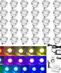 Low Voltage LED Deck Lights Kit Stainless Steel RGB Waterproof Outdoor Lighting For Yard Garden Pathway Patio Steps In Ground 30 Pack Durable Waterproof LEDs For That Lit Nighttime Ambience And Easy Install shown with colorful light variations.