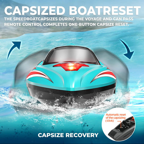18 Inch Brushless RC Boat For Lakes And Pools Big Fast Remote Control Speed Boat Up To 55 KMH With 2500mAh Battery Waterproof Design Kid And Adult Friendly HJ816 Green, demonstrating capsize recovery function on water.