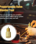 Heavy Duty Brake Proportioning Valve Bleeder Tool For Automatic Brake Adjusters And Drum System Lockdown, aluminum device in use on car engine.