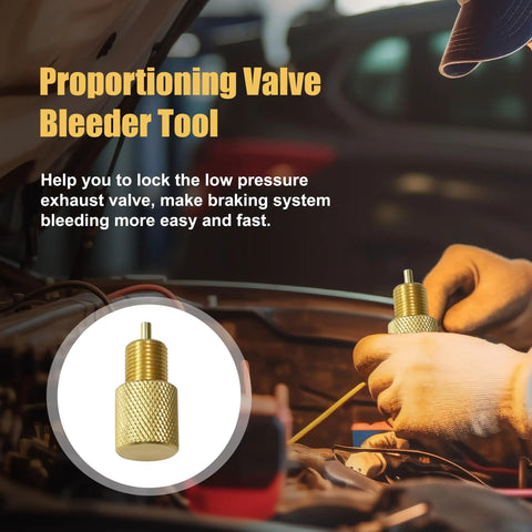 Heavy Duty Brake Proportioning Valve Bleeder Tool For Automatic Brake Adjusters And Drum System Lockdown, aluminum device in use on car engine.