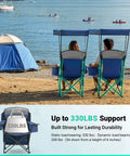 Two oversized camping chairs with canopy shade facing a lake, highlighting up to 330lbs support, blue fabric, and beach setting.