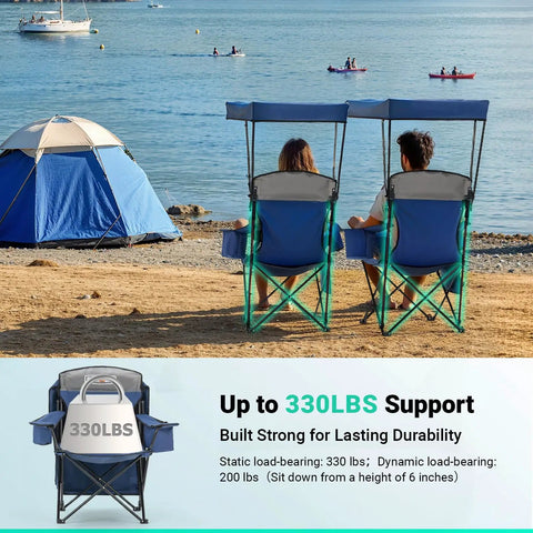 Two oversized camping chairs with canopy shade facing a lake, highlighting up to 330lbs support, blue fabric, and beach setting.