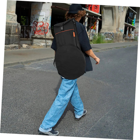 Person walking with Portable Drum Pouch With Waterproof Mallet Storage For Percussion Gear And Snare Drum Essentials Hella Tough Oxford Fabric Bag.