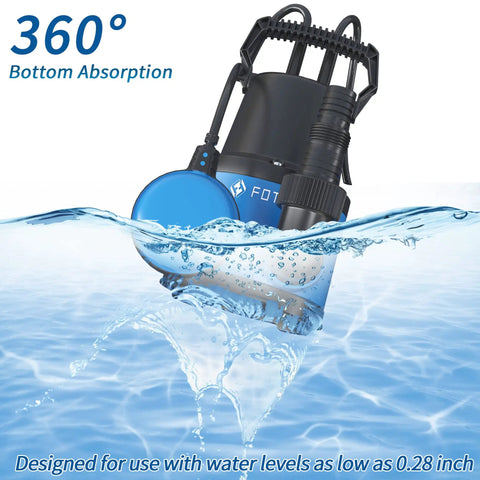 Half HP Submersible Sump Pump With Float Switch 2535 GPH Water Pump in water showcasing 360° bottom absorption feature.