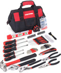 All In One 215 Piece Home Repair Tool Set With 12 Inch Wide Mouth Storage Bag A Real Workhorse For DIY Projects Heavy Duty Household Hand Tool Kit Red displayed with tools and bag