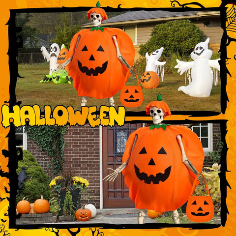 12 Ft Skeleton Costume Accessories Set With Pumpkin Hat Pumpkin Shaped Clothes And Handheld Fabric Basket For Giant Halloween Outfit