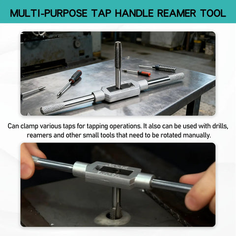 Adjustable Tap Wrench M6 To M20 For 1/4 To 3/4 Inch Taps Heavy Duty Metalworking Tool on workbench with steel handle