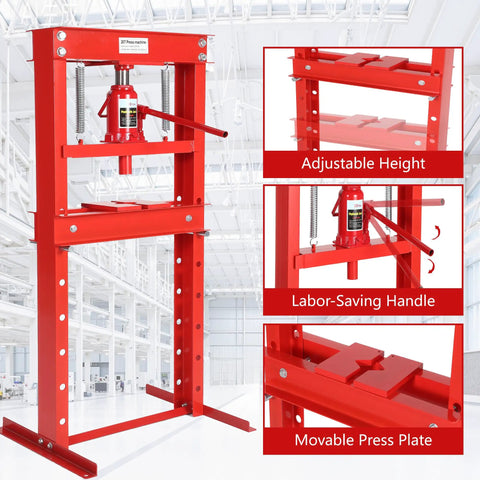 Workhorse 20 Ton Hydraulic H Frame Shop Press with adjustable table and stamping plates for auto repair garage use.