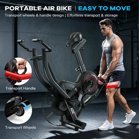 Man using Indoor Upright Air Resistance Fan Bike With Bluetooth, Infinite Air System, dual action handlebars, 350 lb capacity