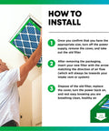 Man installing 16x25x1 Air Filter MERV 13 For Smoke And Allergy Defense 4 Pack Electrostatic Pleated HVAC Replacement in vent